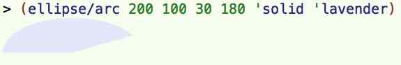 example of calling (ellipse/arc 200 100 30 180 'solid 'lavendar)