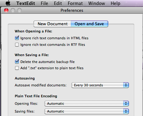 Right pane of TextEdit prefs