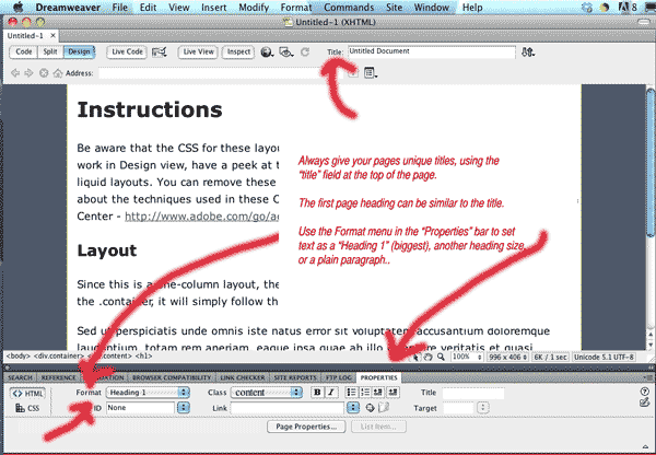 difference between titles and headings in Dreamweaver