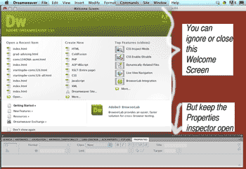 optional Dreamweaver startup screen